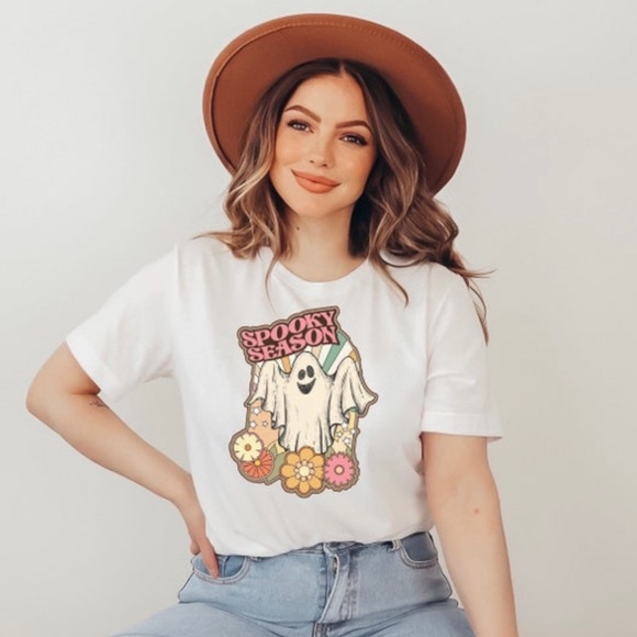 Spooky Season | Boho Ghost Halloween Flower Fall T-Shirt - Picture 1 of 7